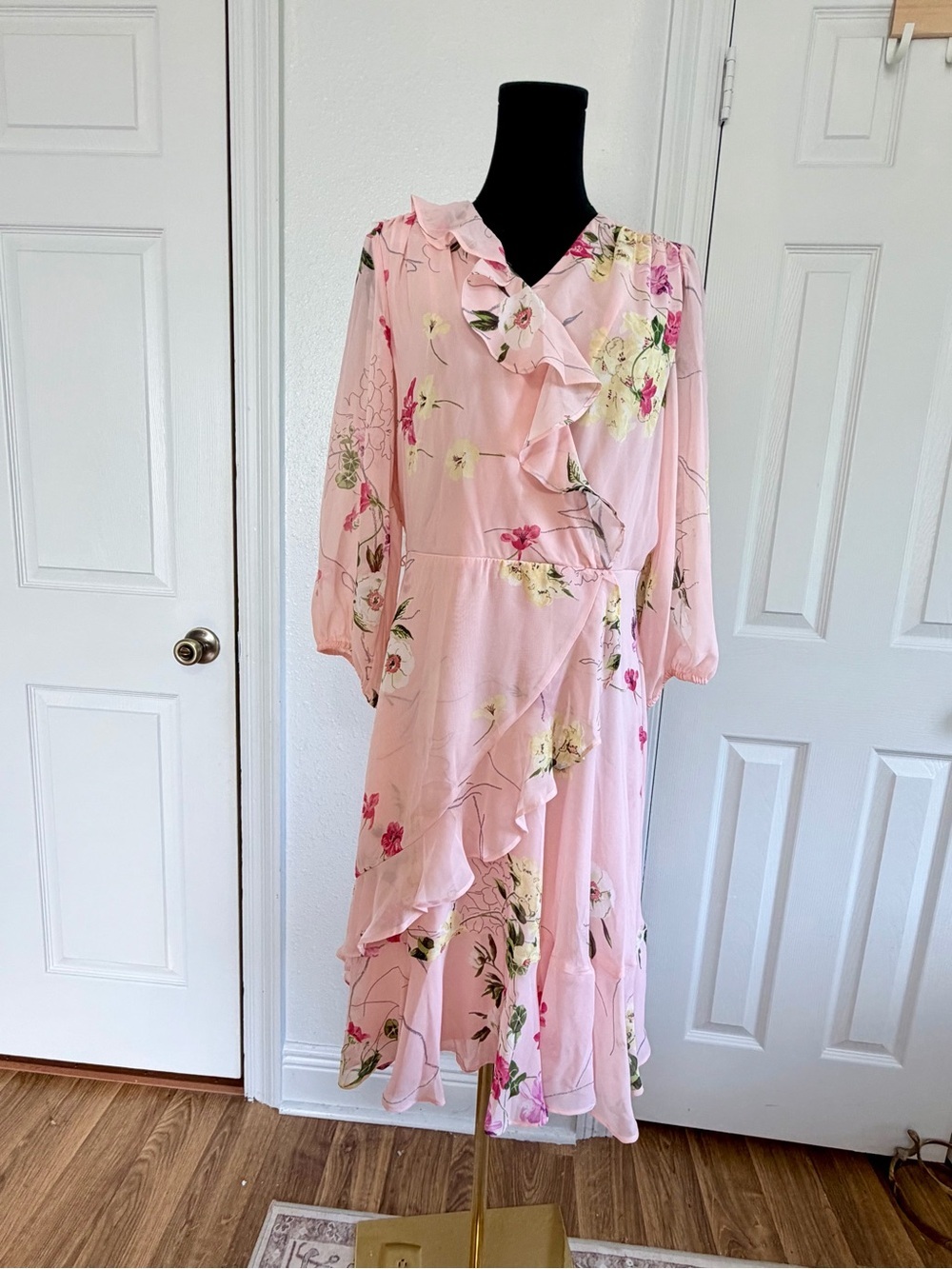 Julia Taylor Floral Faux Wrap Midi Dress 14 Ruffle Long Sleeve Wedding Guest